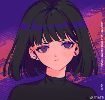 1girl bishoujo_senshi_sailor_moon black_hair black_shirt blunt_bangs blush closed_mouth earrings expressionless eyelashes jewelry looking_at_viewer portrait purple_background shirt short_hair solo tomoe_hotaru upper_body yotti