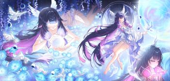 Rule 34 | 1girl, absurdres, bandages, barefoot, bird, black hair, blue flower, closed eyes, columbina (genshin impact), commentary, covered eyes, crescent, dove, dress, eye mask, flower, genshin impact, hashtag-only commentary, head wings, highres, holding, long hair, mask, moon phases, multicolored hair, multiple views, naked bandage, purple eyes, purple hair, ribbon, smile, sparkle, untranslatable commentary, white dress, white ribbon, wings, yamiiko