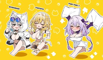 3girls :3 aglaea_(honkai:_star_rail) bikini black_bikini blonde_hair blush bracelet breasts castorice_(honkai:_star_rail) cipher_(honkai:_star_rail) cleavage coat flower gloves grey_hair hair_flower hair_ornament highres holding holding_pillow honkai:_star_rail honkai_(series) hood hooded_coat jewelry large_breasts long_hair multiple_girls naked_towel nidaime_(doronbo) pillow pointy_ears purple_gloves purple_hair sarong swimsuit towel very_long_hair white_bikini white_coat white_sarong