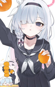 2girls absurdres arona_(blue_archive) black_eyes black_sailor_collar black_serafuku black_shirt black_skirt blue_archive blush bow braid commentary_request food fruit grey_hair hair_bow hair_over_one_eye highres holding holding_food holding_fruit long_hair mimizuku_(mmiganaru) multiple_girls neckerchief orange_(fruit) plana_(blue_archive) red_pupils sailor_collar school_uniform serafuku shirt skirt sleeping stacking very_long_hair white_neckerchief