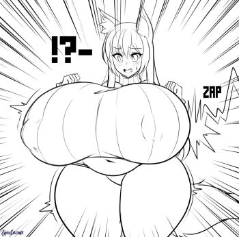 !? 1girl alphaerasure animal_ears artist_name beam belly blush borrowed_character breast_expansion breasts covered_erect_nipples cowboy_shot female_focus fox_ears fox_girl fox_tail futon7979 gigantic_breasts hair_between_eyes highres long_hair looking_at_breasts midriff monochrome motion_lines open_mouth plump solo standing surprised sweater tail taut_clothes taut_sweater thick_thighs thighs turtleneck turtleneck_sweater white_background wide_hips yuzuno_(futon)