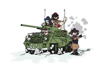 4girls armored_personnel_carrier armored_vehicle brown_coat cannon coat earmuffs flask goggles grey_hair greyscale gun gun_sling hat highres himekaidou_hatate holding holding_flask holding_map iizunamaru_megumu inubashiri_momiji jomun load_bearing_vest map medium_hair monochrome motor_vehicle multiple_girls rifle shameimaru_aya short_twintails snow tank_turret tokin_hat touhou twintails weapon wheel white_background