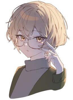 1boy blonde_hair chinese_commentary coat commentary green_coat grey_sweater hand_up limbus_company looking_at_viewer male_focus official_alternate_costume parted_lips project_moon round_eyewear short_hair simple_background sinclair_(project_moon) solo sweater white_background yama_0511 yellow_eyes zwei_association_south_uniform