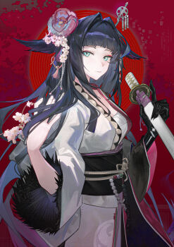 Rule 34 | 1girl, absurdres, aqua eyes, arknights, black gloves, black hair, blunt bangs, chest sarashi, closed mouth, flower, gloves, hair flower, hair intakes, hair ornament, highres, holding, holding sword, holding weapon, japanese clothes, kimono, long hair, long sleeves, looking at viewer, mio (arknights), sarashi, single glove, solo, sword, verniy (tony52911856), weapon, white kimono