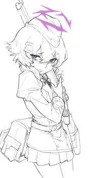 Rule 34 | 1girl, bag, belt, blue archive, buttons, collared shirt, commentary, cowboy shot, cross, double-breasted, english commentary, fabarm fp6, garrison cap, gun, hair between eyes, hair ornament, hairclip, halo, haruka (blue archive), hashcurantodash, hat, highres, holding, holding gun, holding weapon, hugging object, iron cross, jacket, juliet sleeves, light smile, long locks, long sleeves, looking up, military hat, military jacket, pleated skirt, puffy long sleeves, puffy sleeves, pump action, purple eyes, shirt, short hair, short hair with long locks, shotgun, skirt, solo, spot color, unfinished, weapon