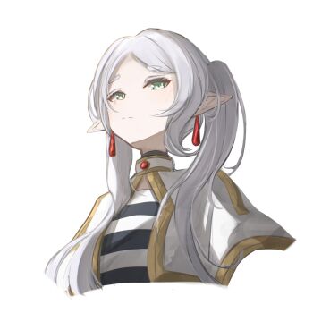 Rule 34 | 1girl, black shirt, capelet, closed mouth, commentary, cropped torso, earrings, elf, frieren, green eyes, highres, jewelry, light blush, long hair, looking at viewer, meme, multicolored shirt, pointy ears, shirt, simple background, solo, sousou no frieren, striped clothes, striped shirt, twintails, two-tone shirt, upward angle frieren drawing (meme), vincentime, white background, white capelet, white hair, white shirt