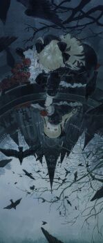 1girl bird black_dress blonde_hair character_request church crow dress final_fantasy final_fantasy_xiv flock flower gothic_lolita highres koubayouniao lalafell lolita_fashion long_hair overcast pointy_ears red_flower red_rose reflection rose sky water