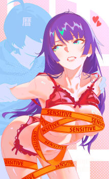 1boy 1girl ahoge aqua_eyes araragi_koyomi arched_back artist_name ass bakemonogatari blush bra breasts caution_tape censored collarbone cowboy_shot eyelashes hand_on_another&#039;s_shoulder heart hetero highres holding_another&#039;s_arm lace lace-trimmed_bra lace-trimmed_panties lace_trim large_breasts lingerie long_hair looking_back monogatari_(series) navel panties parted_lips purple_hair rapa_rachi red_bra senjougahara_hitagi sex sex_from_behind skindentation sweatdrop tape_censor teeth thighs twitter_username underwear very_long_hair watermark