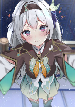 1girl absurdres aizawa_(aizawatsu) blush breasts brown_jacket dress firefly_(honkai:_star_rail) from_above green_dress green_thighhighs grey_hair hairband highres honkai:_star_rail honkai_(series) jacket looking_at_viewer small_breasts smile sparkle thighhighs