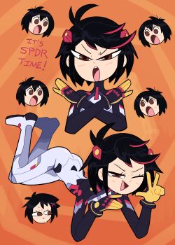 1girl absurdres black_bodysuit black_hair bodysuit brown_eyes colored_tips commentary cowlick crossed_arms english_commentary english_text hair_ornament highres marvel marvel_rivals medium_hair miscon multicolored_bodysuit multicolored_hair multiple_expressions narrowed_eyes one_eye_closed open_mouth orange_background peni_parker pilot_suit red_hair sidelocks solo spider-man_(series) spider-verse spiral_background sweat teeth toon_(style) upper_teeth_only v white_bodysuit x_hair_ornament