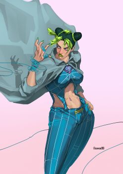 1girl abs absurdres arm_up artist_name breasts cape clothing_cutout collar commentary cone_hair_bun disembodied_hand double_bun dreadlocks from_above green_hair green_lips green_nails hair_bun hand_on_own_hip highres jojo_no_kimyou_na_bouken kuujou_jolyne legs_together looking_to_the_side multicolored_hair nail_polish narrow_waist navel_cutout navel_piercing pants piercing savos99 short_hair simple_background solo_focus spider_web_print standing suspenders twitter_username two-tone_hair upper_body wire
