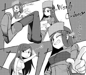 1girl absurdres arm_behind_head bare_arms bare_shoulders boots bored breasts collared_shirt crop_top denim eyelashes fur_hat gravity_falls greyscale grin half-closed_eyes hand_on_own_head hat highres index_finger_raised jeans leather leather_boots legs_up looking_at_viewer looking_down matatabi_tukikage medium_breasts monochrome multiple_views narrow_waist one_eye_closed open_mouth pants plaid_clothes plaid_shirt pointing pointing_at_viewer reading scratching_head shirt shirt_under_shirt sitting sleepy sleeveless sleeveless_shirt sleeves_rolled_up smile unamused ushanka wendy_corduroy