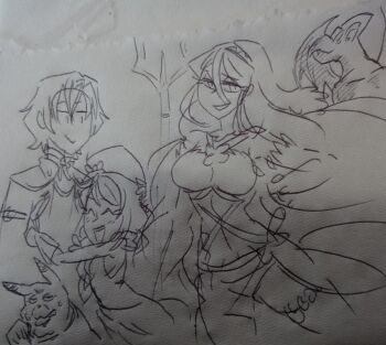 alien azura_(fire_emblem) bare_shoulders breasts closed_eyes davewaterfalls dragon_wings dress fire_emblem fire_emblem:_three_houses fire_emblem_engage fire_emblem_fates framme_(fire_emblem) gen_1_pokemon gloves hat hug looking_at_viewer male_byleth_(fire_emblem) metroid nintendo pikachu pokemon polearm ridley sideboob sketch traditional_media trident weapon wings