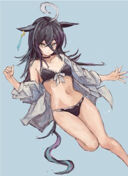 Rule 34 | 1girl, ahoge, animal ears, bare shoulders, bikini, black bikini, black choker, black hair, choker, closed mouth, collarbone, commentary request, ear tag, earrings, hair between eyes, horse ears, horse girl, horse tail, jewelry, long bangs, long hair, long hair between eyes, looking at viewer, manhattan cafe (umamusume), multicolored hair, navel, open clothes, open shirt, shirt, simple background, single earring, smile, solo, stomach, swimsuit, tail, umamusume, very long hair, white hair, white shirt, yanagi wakana, yellow eyes