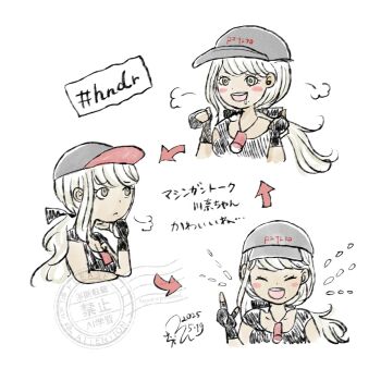 1girl 2025 arrow baseball_cap blonde_hair brown_eyes dark-skinned_female dark_skin female_focus hashtag hat highres japanese_text kawana_tsubasa multiple_views simple_background sketch the_hundred_line_-last_defense_academy- white_background
