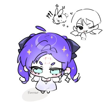 1boy 1girl ahoge aqua_eyes artist_name bite_mark bite_mark_on_face black_bow blood blood_on_face blunt_ends blush_stickers bow chibi closed_mouth detached_ahoge dress earrings fang fork foxtrot_(foxtrot_xx) genshin_impact hair_bow heart highres holding_napkin jewelry large_forehead long_hair looking_down mona_(genshin_impact) napkin one_eye_closed outstretched_arms purple_hair rabbit scaramouche_(genshin_impact) sidelocks smile spoon standing star_(symbol) star_earrings table_knife tsurime twintails white_background white_dress wiping_face