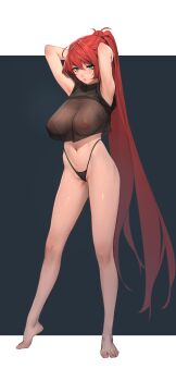 1girl absurdres armpits arms_behind_head arms_up bare_legs barefoot beeeeen black_background black_panties blush breasts character_request covered_erect_nipples crop_top crop_top_overhang feet full_body green_eyes hair_between_eyes highleg highleg_panties highres korean_commentary large_areolae large_breasts legs letterboxed long_hair mixed-language_commentary navel open_mouth original panties ponytail red_hair see-through_clothes solo standing thighs toenails toes underwear very_long_hair white_background