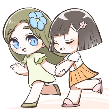 Rule 34 | 2girls, blue eyes, blunt ends, brown hair, chibi, chibi only, closed eyes, curtained hair, dress, flower, flower fairy (osomatsu-kun), flower hairpin, green dress, green hair, hair flower, hair ornament, hinakura3, holding hands, multiple girls, okiku (osomatsu-kun), open mouth, orange overalls, osomatsu-san, osomatsu (series), overall skirt, overalls, pink slippers, slippers, smile, sweat