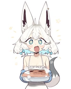 +_+ 1girl :3 ahoge alternate_costume animal_ear_fluff animal_ear_piercing animal_ears aqua_eyes blue_hair blush braid bread breasts cocomayo29_(tomato) collarbone colored_inner_hair commentary dot_nose dress fang food fox_ears fox_girl fox_tail hair_between_eyes highres holding holding_tray hololive loaf_of_bread looking_at_viewer multicolored_hair open_mouth oven_mitts pentagram shirakami_fubuki sidelocks simple_background skin_fang solo spaghetti_strap star_(symbol) steam tail tray upper_body virtual_youtuber white_background white_dress white_hair