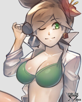 1girl professor_juniper bikini breasts brown_hair cleavage earrings highres jewelry lab_coat long_hair nintendo one_eye_closed orlek pokemon pokemon_bw sunglasses_removed swimsuit upper_body white_background
