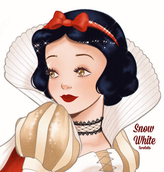 1girl alternate_costume black_hair bow dress hair_bow highres looking_at_viewer princess puff_and_slash_sleeves puffy_sleeves red_bow short_hair simple_background smile snow_white_(disney) snow_white_and_the_seven_dwarfs_(disney) solo tarolotta upper_body white_background