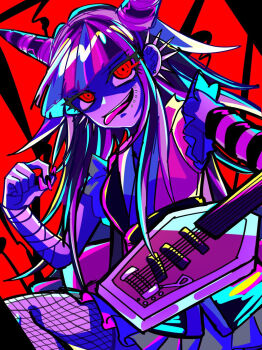 Rule 34 | 1girl, black hair, blue hair, commentary request, danganronpa (series), danganronpa 3 (anime), ear piercing, face piercing, fishnets, guitar, hair horns, haiyang shengwu, highres, holding, holding guitar, holding instrument, holding plectrum, instrument, mioda ibuki, mouth piercing, multicolored hair, official alternate costume, official alternate eye color, piercing, pink hair, plectrum, red eyes, smile, solo, teeth, tongue, tongue out, upper teeth only, white hair