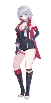1girl absurdres bare_shoulders belt black_boots black_gloves blue_eyes blush boots breasts detached_sleeves elbow_gloves gloves high_heel_boots high_heels highres honkai:_star_rail honkai_(series) large_breasts looking_at_viewer multicolored_hair red_background red_hair sanshoku_dango_(shukosuko) short_hair solo thighs topaz_(honkai:_star_rail) white_hair zo_(nphm3333)