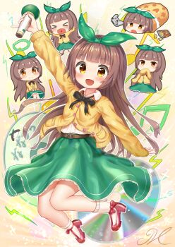 1girl absurdres bebe_(nanahira) black_bow black_bowtie blush bow bowtie brown_hair cardigan cd chibi commentary_request controller game_controller green_hairband green_skirt hairband high_heels highres holding holding_microphone indie_utaite j2l jumping long_hair long_sleeves looking_at_viewer microphone multiple_views musical_note nanahira open_mouth red_shoes shoes skirt utaite yellow_cardigan yellow_eyes