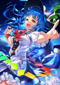 1girl :d absurdres apron back_bow black_hat blue_bow blue_hair blue_skirt blurry bow bowtie breasts commentary_request cowboy_shot depth_of_field floating_hair frilled_shirt frills hat highres hinanawi_tenshi kota_014pr long_hair looking_to_the_side medium_breasts night night_sky open_mouth peach_hat_ornament petticoat pointing puffy_short_sleeves puffy_sleeves rainbow_order red_bow red_bowtie red_eyes shirt short_sleeves skirt sky smile solo star_(sky) starry_sky teeth touhou upper_teeth_only white_apron white_shirt