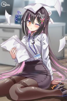 1girl @_@ absurdres alternate_costume azki_(hololive) black_hair black_pantyhose black_skirt blush collared_shirt colored_inner_hair commentary_request high_heels highres holding holding_paper hololive id_card indoors inokeiwd long_hair looking_at_viewer mole mole_under_eye multicolored_hair one_eye_closed pantyhose paper paper_on_head pink_hair pink_streaks purple_eyes shirt skirt solo streaked_hair very_long_hair virtual_youtuber white_shirt white_streaks