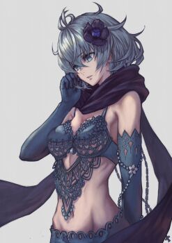 1girl absurdres armpits bare_shoulders bikini black_scarf blue_eyes blue_gloves blue_hair breasts cleavage drag-on_dragoon drag-on_dragoon_3 elbow_gloves flower gloves groin hair_flower hair_ornament highres looking_down midriff navel scarf short_hair small_breasts solo swimsuit two_(drag-on_dragoon) yasu_(segawahiroyasu)