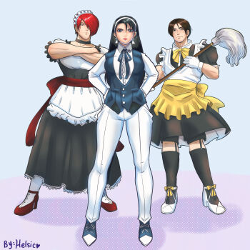 1girl 2boys black_eyes black_hair breasts brown_eyes brown_hair hairband helsic kagura_chizuru kusanagi_kyou large_breasts long_hair long_sleeves maid multiple_boys red_eyes red_hair shoes standing the_king_of_fighters thick_thighs thighs wide_hips yagami_iori