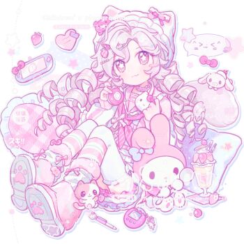 1girl :3 ahoge blush closed_mouth commentary cup dot_nose drinking_glass fanqiealxe full_body grey_hair headphones headphones_around_neck hello_kitty hello_kitty_(character) highres knees_up long_hair long_sleeves my_melody my_melody_(series) neckerchief original parted_bangs pink_eyes pink_neckerchief pink_shirt pink_shoes sanrio shirt shoes sitting smile solo star-shaped_pupils star_(symbol) striped_neckerchief symbol-only_commentary symbol-shaped_pupils thighhighs watermark white_thighhighs