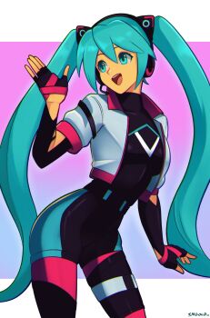 Rule 34 | 1girl, absurdres, aqua hair, biker clothes, bikesuit, bodysuit, cropped jacket, fingerless gloves, gloves, hatsune miku, highres, long hair, looking to the side, official alternate costume, smgold, smile, solo, sonic (series), sonic racing: crossworlds, twintails, very long hair, vocaloid, waving