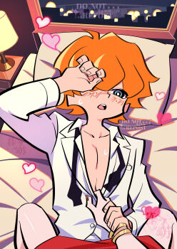 1boy 1girl absurdres assertive_female bed blush bracelet brief_(psg) female_pov freckles girl_on_top hair_over_one_eye heart highres jewelry lamp musuamnesia on_bed open_collar orange_hair panty_&amp;_stocking_with_garterbelt panty_(psg) pov straddling teeth undressing_another upper_teeth_only window