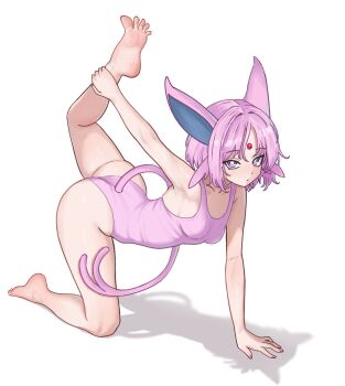 animal_ears arm_support bare_arms bare_legs barefoot cross-body_stretch espeon forehead_jewel forked_tail gem gen_2_pokemon highleg highleg_leotard highres humanization leotard looking_at_viewer nihu nintendo pokemon purple_eyes purple_hair red_gem stretching tail yoga