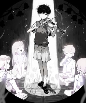 1girl 4boys antenna_hair arm_support aubrey_(headspace)_(omori) aubrey_(omori) basil_(headspace)_(omori) basil_(omori) bow bow_(music) checkered_clothes closed_eyes closed_mouth collared_shirt commentary flower flower_wreath greyscale hair_bow hashtag-only_commentary head_wreath hero_(headspace)_(omori) hero_(omori) highres holding holding_bow_(music) holding_instrument holding_violin hugging_own_legs instrument kel_(headspace)_(omori) kel_(omori) knees_up loafers long_hair long_shirt monochrome multiple_boys omori open_mouth overall_shorts overalls seiza shirt shoes short_hair short_sleeves shorts sidelocks sitting smile socks standing sunny_(omori) sweater_vest t-shirt tank_top v_arms violin y94096