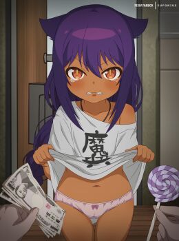 1girl 1other annoyed artist_name black_hair bow bow_panties braid brown_eyes cameltoe candy clenched_teeth clothes_lift clothes_writing crying dark-skinned_female dark_skin eufoniuz food highres holding holding_money indoors jahy jahy-sama_wa_kujikenai! lifting_own_clothes loli lollipop long_hair looking_at_viewer money navel no_pants off_shoulder oversized_clothes oversized_shirt paid_reward_available panties pink_panties pov prostitution purple_hair shirt slit_pupils t-shirt tears teeth thigh_gap thighs underwear very_long_hair white_shirt