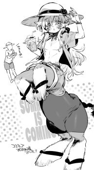 Rule 34 | 2boys, braided tail, centaur, chomoran, commentary request, cup, drink, full body, greyscale, hat, highres, holding, holding cup, holding drink, horizontal pupils, long hair, looking at viewer, male focus, monochrome, monster boy, multiple boys, open clothes, open shirt, original, pointy ears, rearing, sun hat, tail, taur, translation request, white background