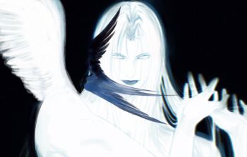 1boy androgynous angel_wings bird black_background curtained_hair feathered_wings final_fantasy final_fantasy_vii glowing glowing_skin hands_in_own_hair hands_up hayashishisou highres long_hair looking_at_viewer male_focus parted_bangs portrait sephiroth single_wing smile solo white_hair white_wings wings