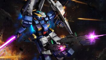 absurdres advance_of_zeta advanced_hazel battle beam_rifle copyright_notice debris energy_beam energy_gun energy_sword explosion extra_arms firing gundam gundam_battle_operation_2 gundam_tr-1_hazel highres lens_flare machinery mecha mecha_focus mobile_suit nebula painting_(medium) realistic robot scan science_fiction shield sunrise_(company) sword tenjin_hidetaka thrusters titans_(gundam) titans_test_team_(gundam) traditional_media weapon