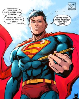 2boys absurdres batman batman_(series) bird black_hair blue_bodysuit blue_eyes bodysuit cape dc_comics english_text highres holding holding_pencil looking_at_viewer male_focus multiple_boys pencil pizza990 red_cape silhouette smile superhero_costume superman superman_(series)