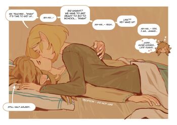 ... 1boy 1girl artist_name bed blonde_hair border closed_eyes couple earrings english_text girl_on_top head_on_pillow heart hetero indoors jewelry kiss link long_hair nintendo on_bed pillow pointy_ears princess_zelda pyonteo sidelocks speech_bubble spoken_heart the_legend_of_zelda the_legend_of_zelda:_breath_of_the_wild the_legend_of_zelda:_tears_of_the_kingdom under_covers upper_body white_border zzz