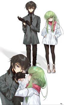 1boy 1girl adjusting_clothes adjusting_gloves black_gloves black_hair black_pants black_pantyhose boots budgiepon c.c. coat code_geass couple enpera full_body gloves green_hair grey_boots grey_coat hair_between_eyes hands_in_pockets hetero highres holding_hands kiss kissing_hand lelouch_vi_britannia long_hair multiple_views pants pantyhose pink_scarf purple_eyes scarf short_hair upper_body white_background white_coat winter_clothes winter_coat yellow_eyes