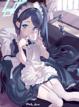 1girl :o absurdly_long_hair apron aqua_ribbon aris_(blue_archive) aris_(maid)_(blue_archive) barefoot black_dress black_hair blue_archive blue_eyes blurry blush borrowed_clothes coffee_mug commentary_request commission couch cup depth_of_field dress frilled_apron frilled_dress frills garter_belt green_halo halo highres holding holding_cup indoors long_hair looking_at_viewer maid maid_apron maid_headdress mop mug official_alternate_costume open_mouth pillow pixiv_commission ponytail pov puffy_short_sleeves puffy_sleeves rectangular_halo ribbon shiroitefu short_sleeves sitting solo thighhighs twitter_username very_long_hair white_apron white_thighhighs window