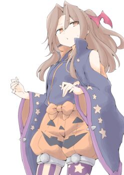 Rule 34 | 1girl, akara kai, asymmetrical legwear, bat wings, black jacket, black ribbon, black shirt, brown eyes, brown hair, commentary request, cowboy shot, hair between eyes, hair ornament, halloween costume, high ponytail, highres, jack-o'-lantern print, jacket, kantai collection, long hair, long sleeves, looking at viewer, mismatched legwear, official alternate costume, orange shorts, pantyhose, ponytail, pumpkin shorts, purple pantyhose, ribbon, shirt, shorts, solo, white background, wing hair ornament, wings, zuihou (halloween) (kancolle), zuihou (kancolle)
