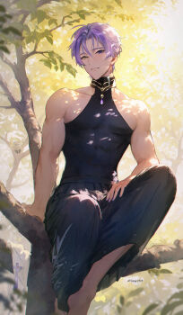 1boy ahoge bare_shoulders barefoot black_collar black_pants black_shirt branch closed_mouth collar collarbone dappled_sunlight fang fang_out gem heterochromia highres in_tree jacket jewelry kuya_(nu_carnival) leaf looking_at_viewer male_focus mole mole_under_eye muscular nail_polish nature nu_carnival outdoors owner_bird pants pectorals pendant_collar purple_eyes purple_gemstone purple_hair purple_nails shirt short_hair sitting sitting_in_tree sleeveless sleeveless_shirt smile solo sunlight tassel tree twitter_username unworn_jacket white_jacket yellow_eyes