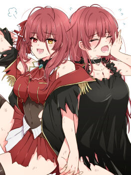 Rule 34 | 2girls, anko udachi, arm behind head, ascot, bare arms, bare shoulders, black bodystocking, black choker, black dress, black jacket, black thighhighs, blush, bodystocking, breasts, brooch, choker, closed eyes, commentary request, covered navel, cowboy shot, cropped shirt, cuts, dead ma'am's chest (houshou marine), dirty, dirty face, dress, dual persona, epaulettes, fang, flying sweatdrops, hair between eyes, hair down, hair half undone, hair ribbon, heart, heart choker, heart o-ring, heterochromia, highres, holding hands, hololive, houshou marine, houshou marine (1st costume), implied after fight, injury, interlocked fingers, jacket, jewelry, lapels, large breasts, light frown, long hair, long hair between eyes, looking at viewer, miniskirt, multiple girls, nervous smile, no panties, notched lapels, o-ring, o-ring choker, off shoulder, open clothes, open jacket, open mouth, pleated skirt, puff of air, raised eyebrows, red ascot, red eyes, red hair, red ribbon, red shirt, red skirt, ribbon, shirt, side-by-side, simple background, sitting, skin fang, skirt, skirt set, sleeveless, sleeveless dress, smile, tears, thighhighs, torn bodystocking, torn clothes, torn dress, torn jacket, torn shirt, torn skirt, torn sleeves, unkempt, virtual youtuber, white background, yawning, yellow eyes