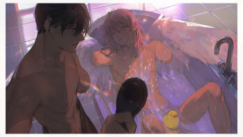2boys abs angel_devil_(chainsaw_man) angel_wings artistic_nudity bathing_another bathtub black_hair border brown_eyes brown_hair chainsaw_man closed_eyes collarbone convenient_censoring disteeee from_above grey_eyes hair_tied hayakawa_aki indoors long_hair looking_at_another medium_hair missing_limb multiple_boys nude rubber_duck same-sex_bathing shared_bathing shower_head spoilers topless_male washing_another white_border wings yaoi