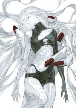 1girl 1other absurdres colored_skin cowboy_shot giant_hand highres knee_up long_hair looking_at_viewer nail_polish pale_skin path_to_nowhere pylgia_(path_to_nowhere) red_nails s_ha_wn skinny solo_focus torn_clothes very_long_hair white_background white_hair white_skin